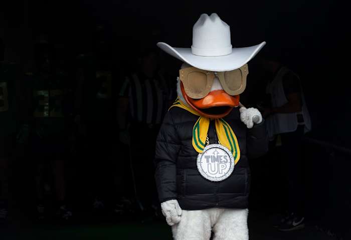The Oregon Duck emerges in Deion Sanders attire for the start of the game against Colorado in Eugene Saturday, Sept. 23, 2023
